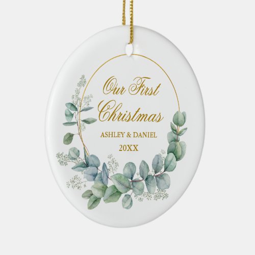 Our First Christmas Eucalyptus Photo Back Gold Ceramic Ornament