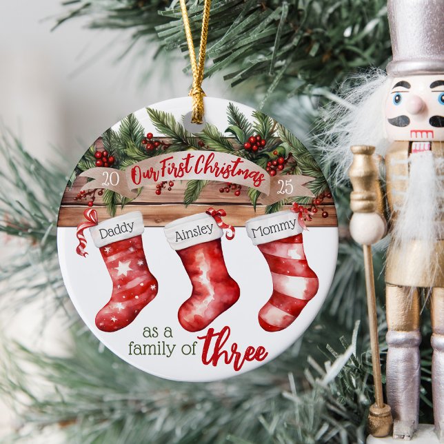 Our First Christmas Family of 3 Custom Stockings Ceramic Ornament (Cute personalized name stockings our first Christmas as a family of three, year, baby's 1st ornament)