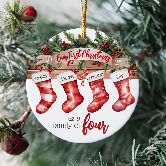 Our First Christmas Family of 4 Custom Stockings Ceramic Ornament (Cute personalized name stockings our first Christmas as a family of four, year, baby's 1st ornament)