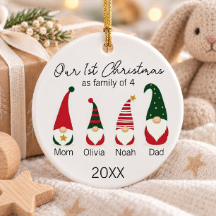 Our First Christmas Family of Four Cute Gnomes Ceramic Ornament