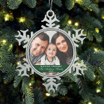 Our First Christmas Family Photo Green<br><div class="desc">Elegant Script Our First Christmas Family Photo Green Snowflake Ornament</div>