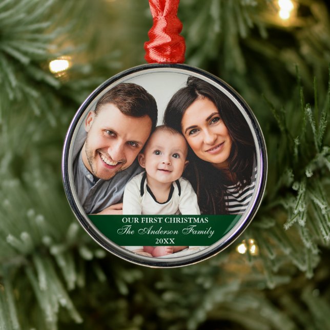 Our First Christmas Family Photo Green Metal Ornament (Tree)