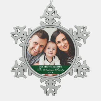 Our First Christmas Family Photo Green Snowflake Pewter Christmas Ornament