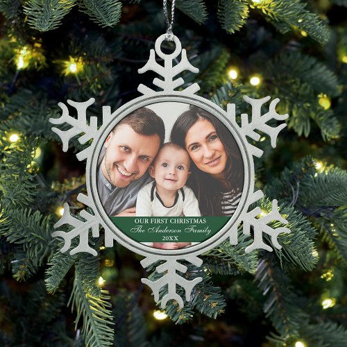 Our First Christmas Family Photo Green Snowflake Pewter Christmas Ornament