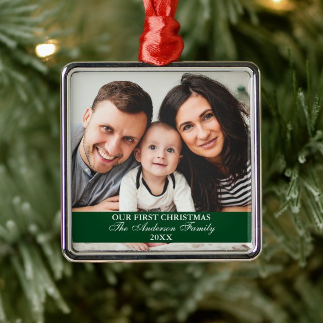 Our First Christmas Family Photo Green Square Metal Ornament (Tree)