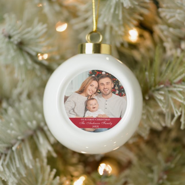 Our First Christmas Family Photo Red Ceramic Ball Christmas Ornament (Tree)