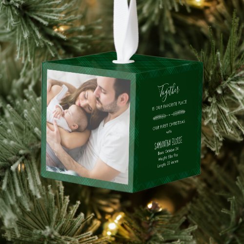 Our First Christmas Family Photos Rustic Cube Ornament