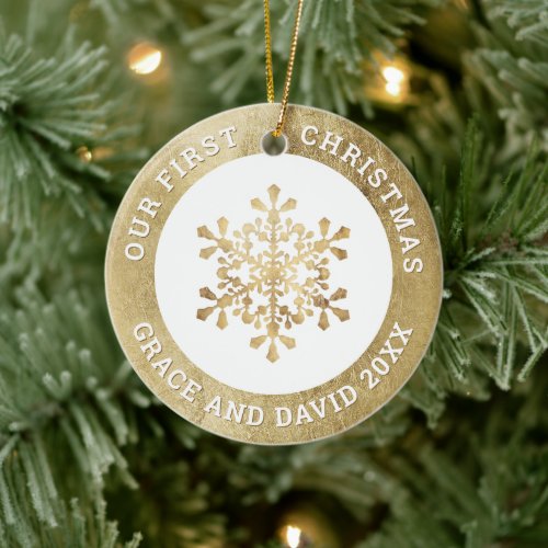Our First Christmas Faux Gold Snowflake Picture Ceramic Ornament