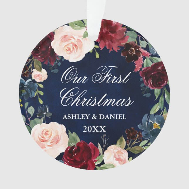 Our First Christmas Floral Blue PHOTO Back Ornament (Front)
