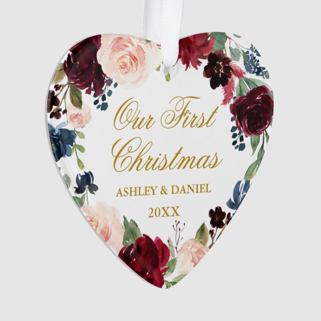 Our First Christmas Floral Gold PHOTO Back Heart Ornament (Front)