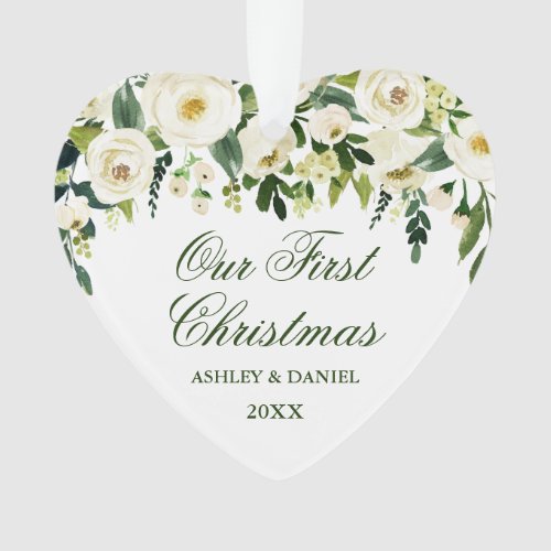 Our First Christmas Floral PHOTO Back Heart Green Ornament