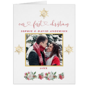 Our First Christmas Floral Snowflake Photo Wedding Cards