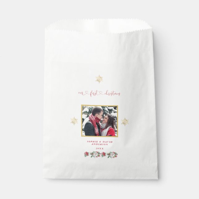 Our First Christmas Floral Snowflake Photo Wedding Favor Bag (Front)