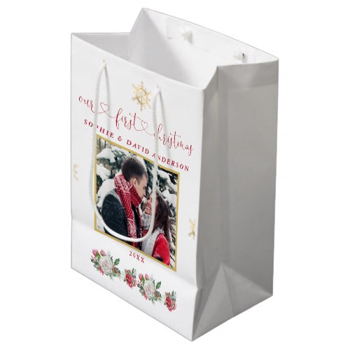 Our First Christmas Floral Snowflake Photo Wedding Medium Gift Bag