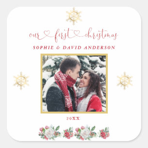 Our First Christmas Floral Snowflake Photo Wedding Square Sticker