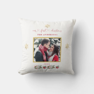 Our First Christmas Floral Snowflake Photo Wedding Throw Pillow