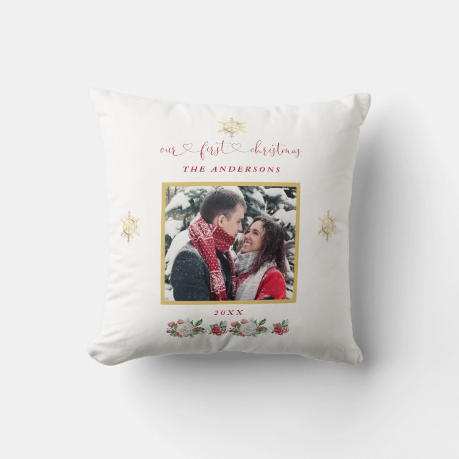 Our First Christmas Floral Snowflake Photo Wedding Throw Pillow (Front)