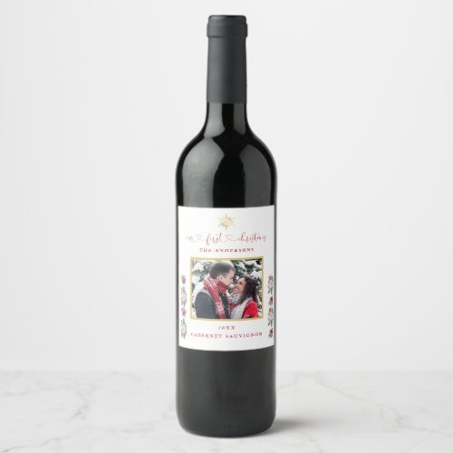 Our First Christmas Floral Snowflake Photo Wedding Wine Label