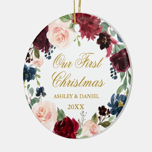 Our First Christmas Floral Wreath Gold PHOTO back Ceramic Ornament