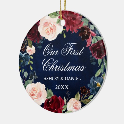 Our First Christmas Floral Wreath PHOTO back Ceramic Ornament