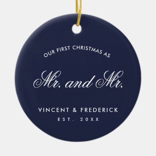 Our First Christmas Gay Newlywed Photo Navy Blue Ceramic Ornament