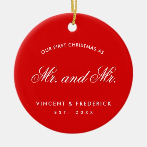 Our First Christmas Gay Newlywed Photo Red Ceramic Ornament