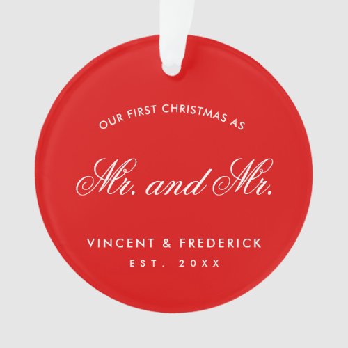 Our First Christmas Gay Newlywed Photo Red Ornament
