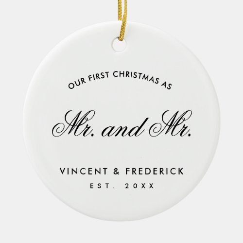 Our First Christmas Gay Newlywed Photo White Ceramic Ornament