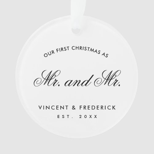 Our First Christmas Gay Newlywed Photo White Ornament