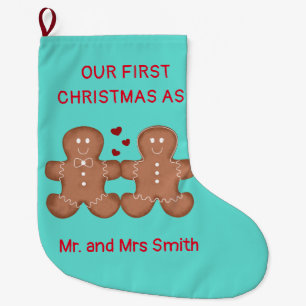 Our first Christmas gingerbread couple in love Large Christmas Stocking