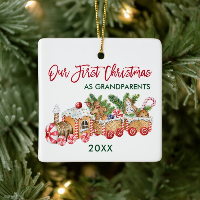 Our First Christmas Gingerbread Train Grandparents Ceramic Ornament (Tree)