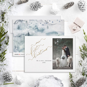 OUR FIRST CHRISTMAS Gold Script Photo Mr. & Mrs. Holiday Card