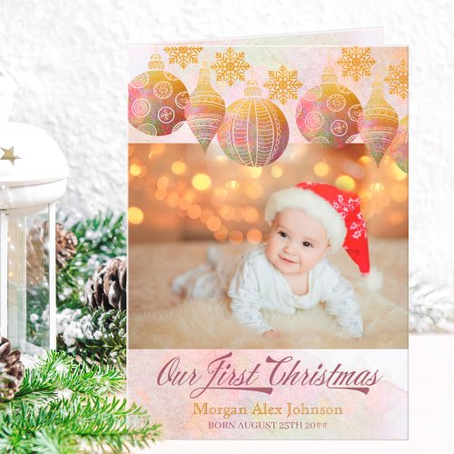 Our First Christmas Gold Snowflakes 3 Photo Holiday Card