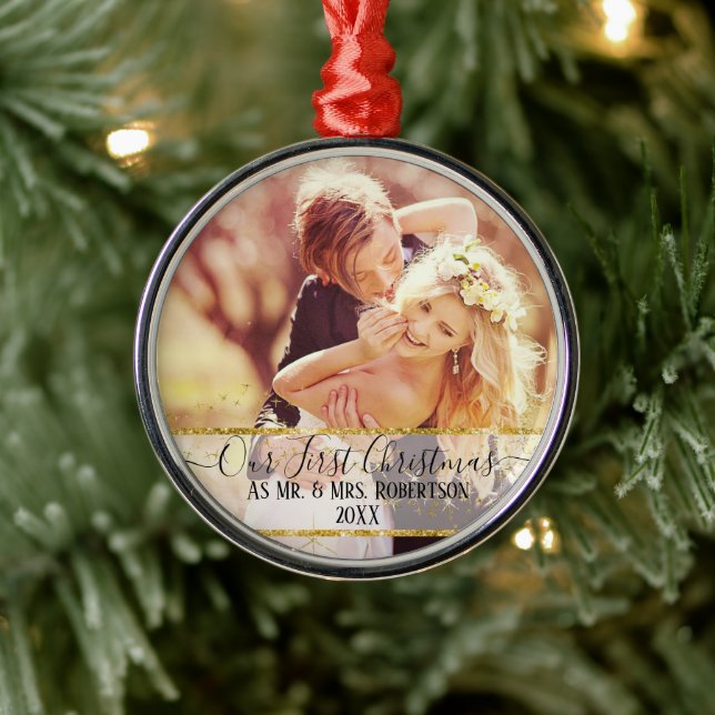Our First Christmas Gold Sparkle Glitter Mr n Mrs. Metal Ornament (Tree)