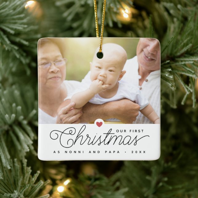 Our First Christmas Grandparents 2 Photos Ceramic Ornament (Tree)