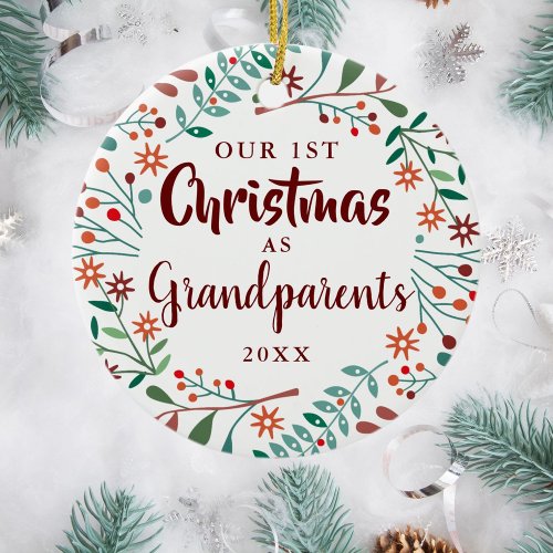 Our First Christmas Grandparents Floral Baby Photo Ceramic Ornament