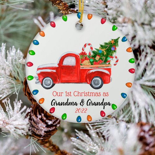 Our First Christmas Grandparents Red Truck Lights Ceramic Ornament