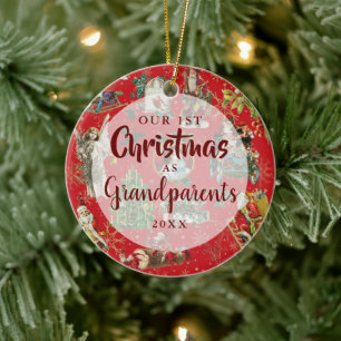 Our First Christmas Grandparents Vintage Red Photo Ceramic Ornament