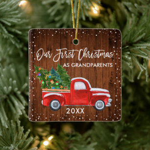 Our First Christmas Grandparents Wood Truck Snow Ceramic Ornament
