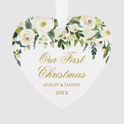 Our First Christmas Green Floral PHOTO Back Heart Ornament