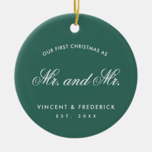 Our First Christmas Green Gay Newlywed Photo Ceramic Ornament