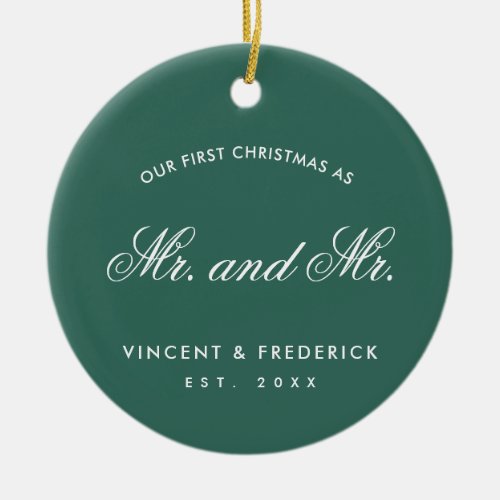 Our First Christmas Green Gay Newlywed Photo Ceramic Ornament