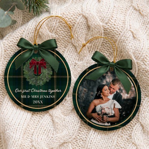 Our First Christmas Green Plaid Photo Ceramic Ornament