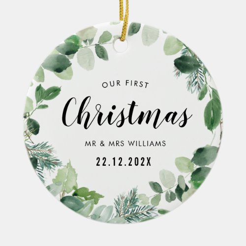 our first christmas greenery wreath ceramic ornament