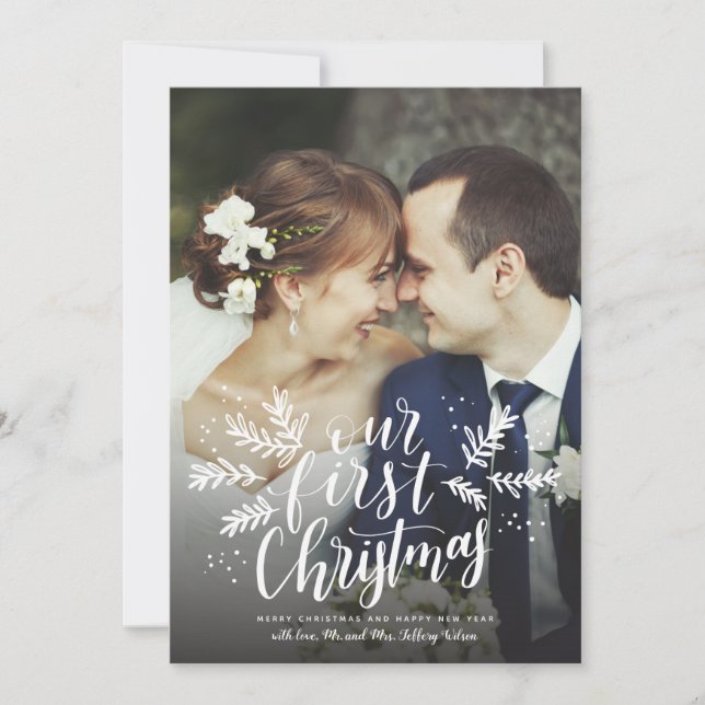 Our First Christmas Hand-lettered Newlywed Photo Holiday Card (Front)