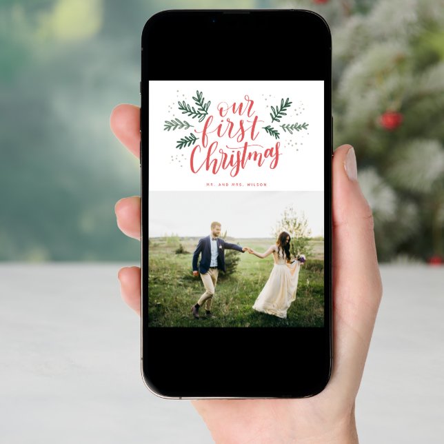 Our First Christmas Hand-lettered Newlywed Photo Holiday Card (Front Digital)