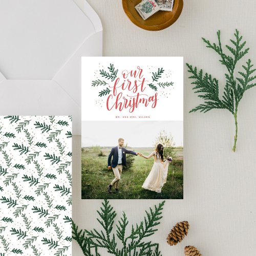 Our First Christmas Hand_lettered Newlywed Photo Holiday Card