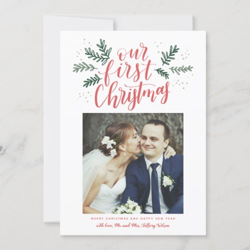 Our First Christmas Hand_lettered Newlywed Photo Holiday Card