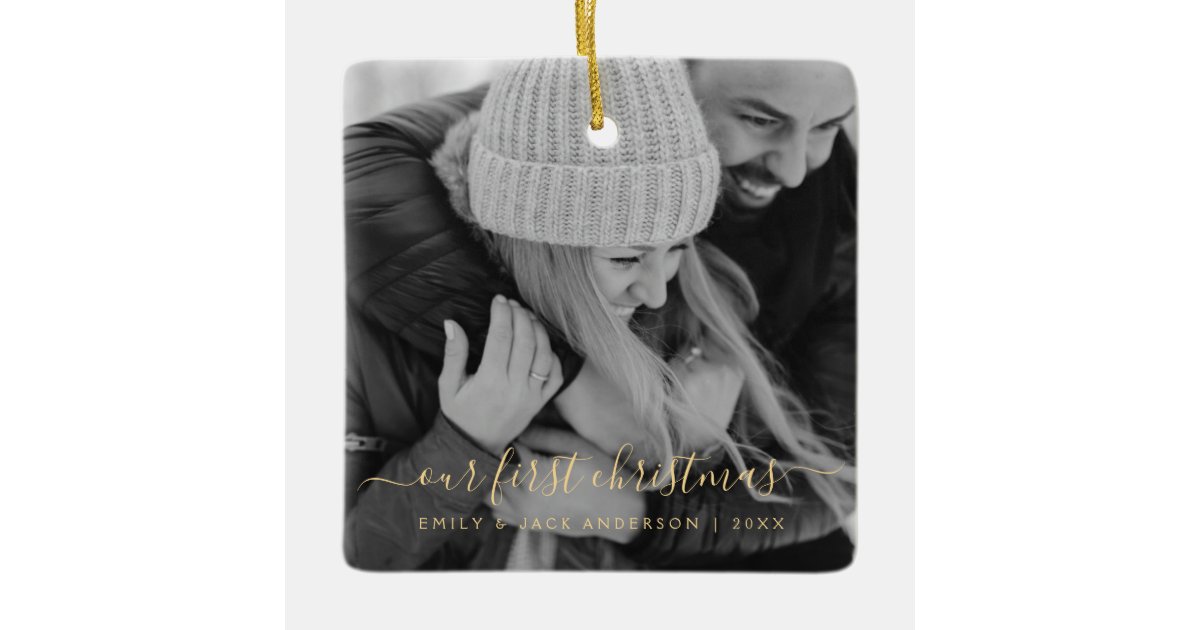 Our First Christmas Hand Lettered Photo Ceramic Ornament | Zazzle
