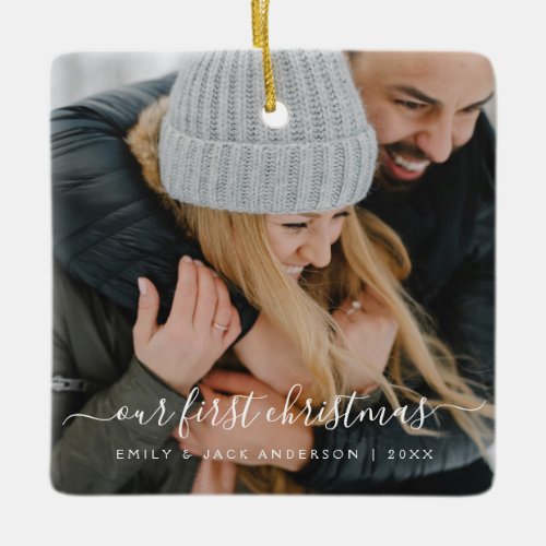 Our First Christmas Hand Lettered Photo Ceramic Ornament